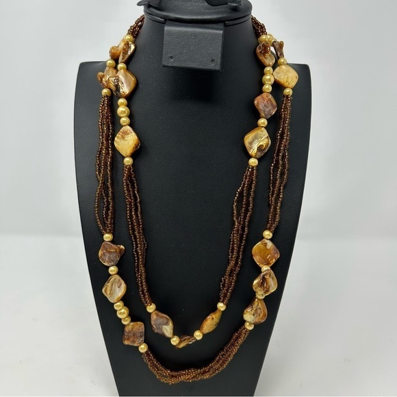 Yellow Amber Color Dyed Mother of Pearl Shell Layered Necklace Seed Beads 22.5" - Picture 1 of 10